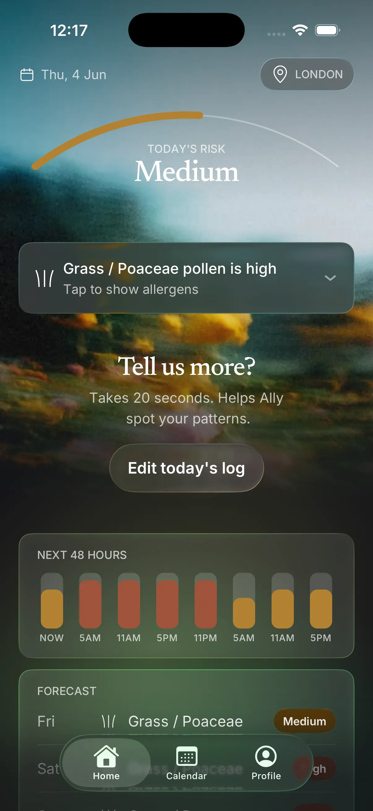 Ally app home screen showing today's pollen risk, a 48-hour birch pollen forecast and a symptom log